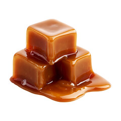 Caramel cubes stacked on transparent background