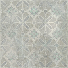 Colorful ceramic wall tiles decoration. Abstract damask patchwork pattern with geometric and floral ornaments, Vintage tiles intricate details