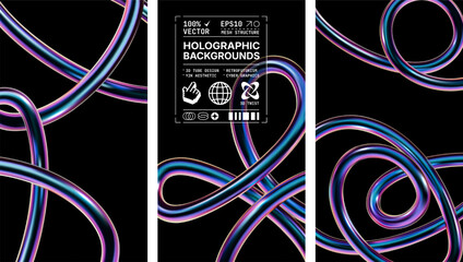 Holographic chrome backgrounds with twisted 3D tubes, smooth gradient, reflective surface and abstract Y2K cyberpunk style