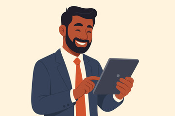 Confident Indian businessman in suit using digital tablet. Modern flat vector illustration of professional male executive working with technology, corporate communication, office productivity concept