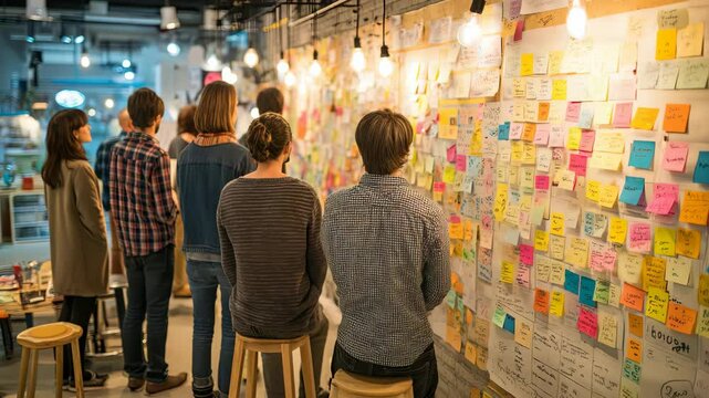 Close-up of vibrant sticky notes pinned to a wall with blurred people and office in the background, showing collaboration.