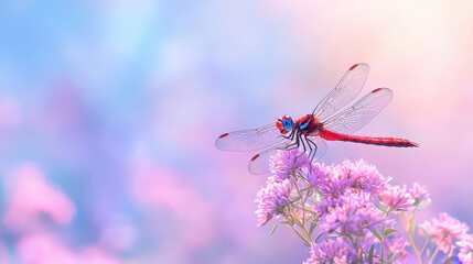 Vibrant dragonfly perched on delicate flowers, showcasing its striking red and blue colors against soft, dreamy background