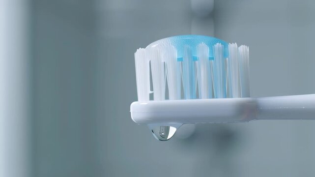 Close up of a clean white toothbrush with fresh blue toothpaste and a water drop, symbolizing daily oral hygiene and dental care.
