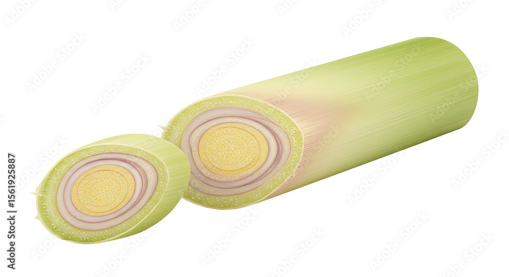 Poster detailed close up of a sliced lemongrass stalk showing its internal layers and texture