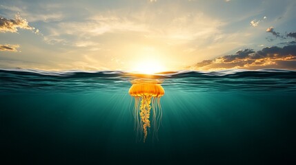 Stunning Underwater World Featuring a Jellyfish at Sunset