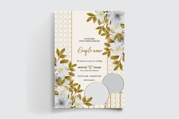 WEDDING INVITATION FRAME WITH FLOWER DECORATIONS AND FRESH LEAVES