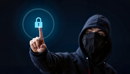 Digital lock, blurred background of a man in a hoodie and mask, touch-sensitive security control