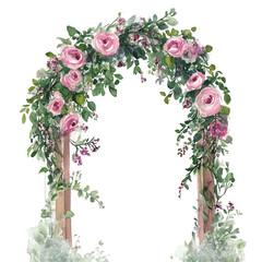 Wedding arch with flowers in watercolor, PNG transparent, perfect for romantic wedding invitations, ceremony backdrops, or floral designs.