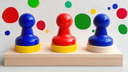 Three colored pegs on a light wooden base, with colorful polka dots in the background