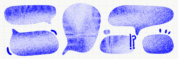 Set of collage blue shape for text box. Crumpled grunge gritty texture dialogue sticker. Vector irregular speech bubble collection.