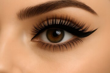 Obraz premium Close-Up of Brown Eye with Dramatic Winged Eyeliner and Voluminous Lashes. Close up of female eye
