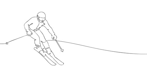 Black and white continuous line drawing of an alpine skier racing downhill, perfect for winter sports visuals, Olympic events, or Milan 2026 themes. © Dancepol