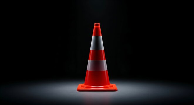 closeup shiny orange traffic cone barrier in dark background