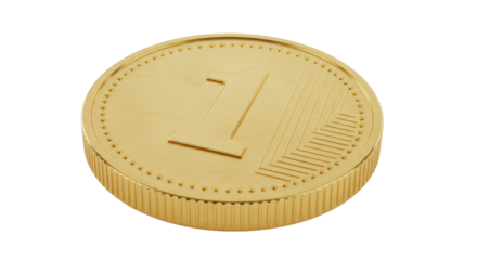 Single Shiny Golden Metallic Coin with Number 1 Isolated Product Shot