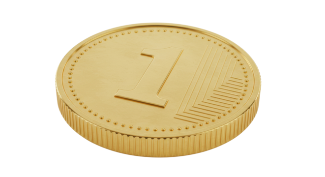 Single Shiny Golden Metallic Coin with Number 1 Isolated Product Shot