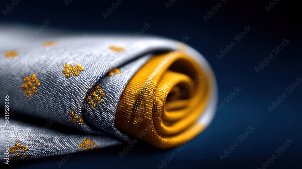 Poster a close-up image of a rolled fabric featuring a grey base with small yellow embroidered designs and 