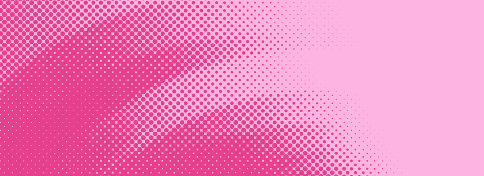 Pink halftone pattern. Retro comic gradient background. Rose pixelated dotted texture overlay. Cartoon pop art faded gradient pattern. Vector backdrop for poster, banner, advertisement