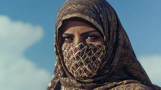 Veiled female with striking gaze, representing contemporary Islamic culture and its blend with modernity.