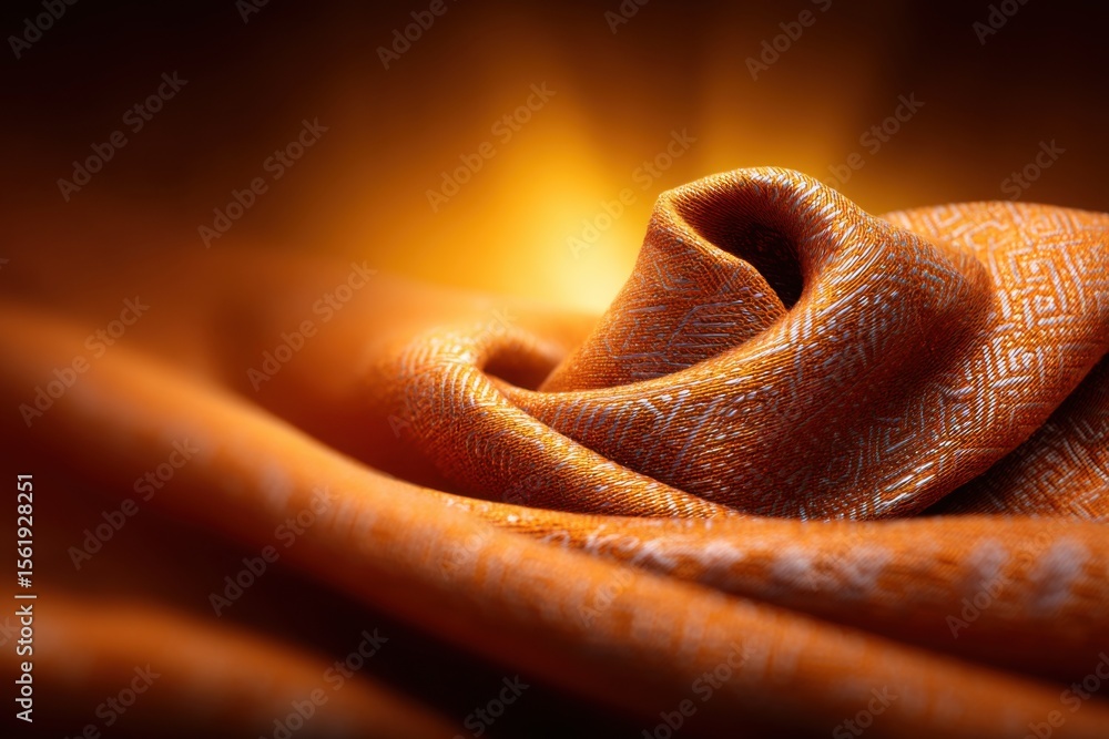 Poster close-up of textured orange fabric with intricate patterns, softly folded and illuminated by warm li