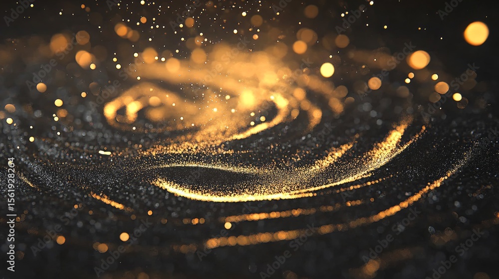 Poster golden shimmer swirls on dark background with bokeh light effect. abstract cosmic and magical concep