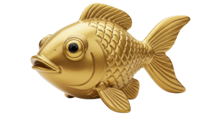 Shiny Metallic Gold Goldfish Figurine Still Life Product Shot Isolated on White Background