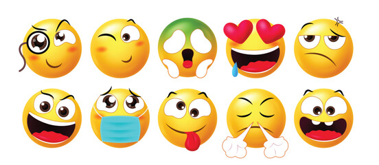 Colorful 3D emoji faces with quirky expressions including wink, nerdy, disgusted, in love, masked, angry, and tongue out. Ideal for chats, reactions, and UI elements.