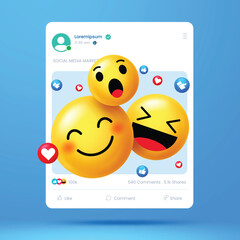 Fun and vibrant 3D emoji reactions popping out of a stylized social media post. Perfect for digital marketing, engagement, user interaction, and social content mockups.