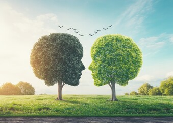 Two trees shaped like faces, one dark green, one light green, facing each other in a field, with birds in flight between them