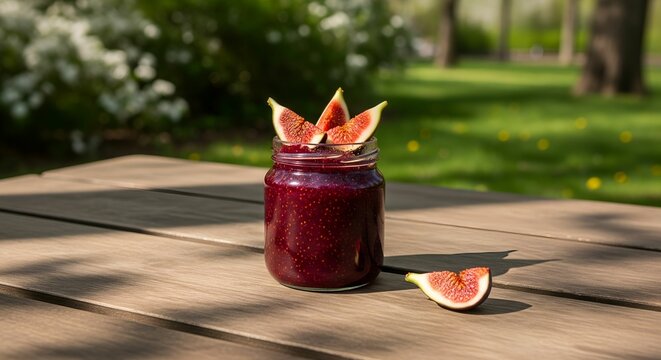 closeup view of red delicious sugared fig jam glass jar on the table