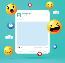 Cheerful 3D emojis and social icons in a social media post layout with clouds and bright teal background. Perfect for digital engagement, fun content, and marketing visuals.

