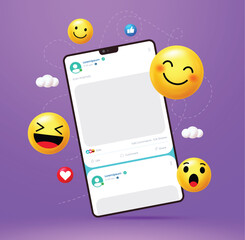 Colorful 3D emojis and social icons floating around a smartphone mockup of a social media post. Great for digital marketing, fun content, app promotion, and engagement visuals.