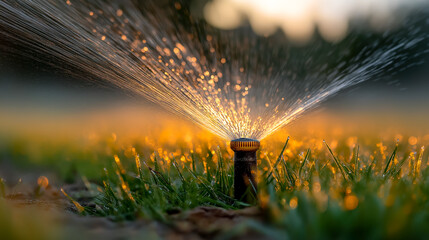 Close-up of rotating sprinkler spraying water in warm golden hour light on green grass