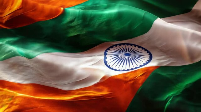 The Indian national flag is seen waving with its vibrant tricolor design symbolizing the nation's freedom and cultural heritage.