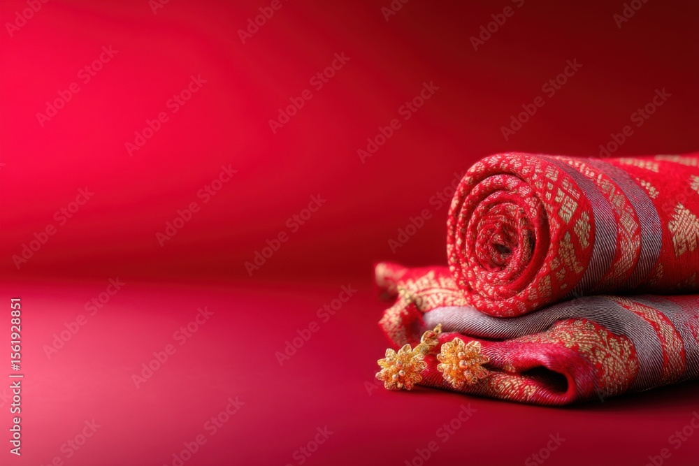 Poster two intricately patterned red and gold traditional fabrics are neatly rolled and stacked against a s