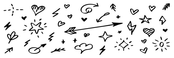Hand-drawn Doodle Collection: Arrows, Hearts, Stars, and More