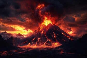 Volcanic eruption with lava flow and fiery sky