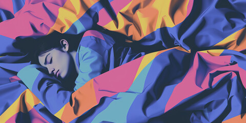 Fototapeta premium Sleeping Woman in Multicolored Fabric