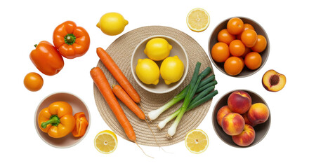 Overhead shot of orange and yellow colored fruits and vegetables on white background