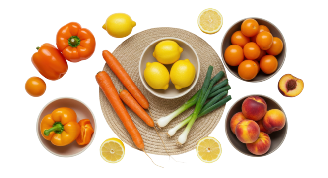 Flat Lay of Vibrant Orange and Yellow Produce, Isolated Product Shot.