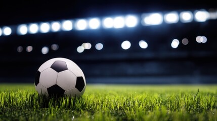 Classic black-and-white soccer ball on lush green grass field with dimly lit stadium, bright bokeh lights, and calm evening atmosphere suggesting anticipation.