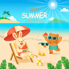 Summer story of three cute animals: rabbit, bear, and chick