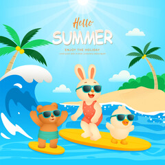 Summer story of three cute animals: rabbit, bear, and chick