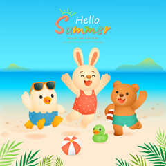 Summer story of three cute animals: rabbit, bear, and chick