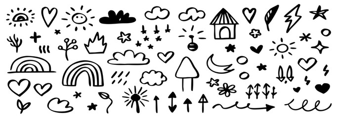 Hand-drawn Doodle Set: Cute Hearts, Sun, Clouds, Rainbow, Stars