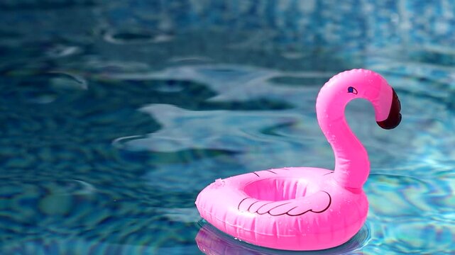 Pink flamingo float in swimming pool summer