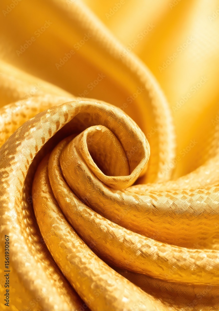Poster close-up of luxurious golden fabric with intricate patterns, softly folded to highlight its smooth t