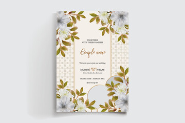 WEDDING INVITATION FRAME WITH FLOWER DECORATIONS AND FRESH LEAVES