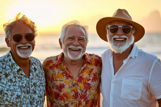 Diversy friends. Three senior Caucasian men with gray hair and beards smile at the beach during sunset. They wear sunglasses and colorful shirts, enjoying a joyful moment together. - Powered by Adobe