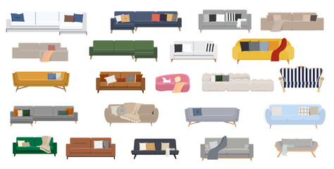 Set of isolated modern sofas in different styles on white background