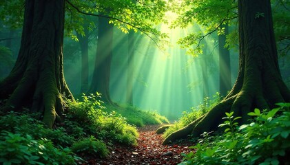 Obraz premium Sunbeams Dance Through Ancient Forest, Illuminating Lush Canopy and Dappled Undergrowth. Fallen Logs and Vibrant Greenery Create a Scene of Untamed Wilderness Beauty.